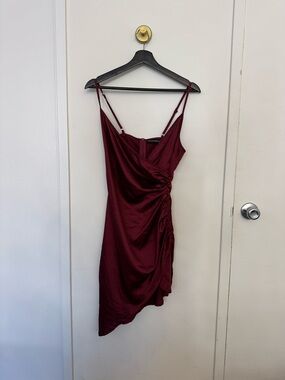 PrettyLittleThing Wine Satin Ruched Slip Mini Dress
